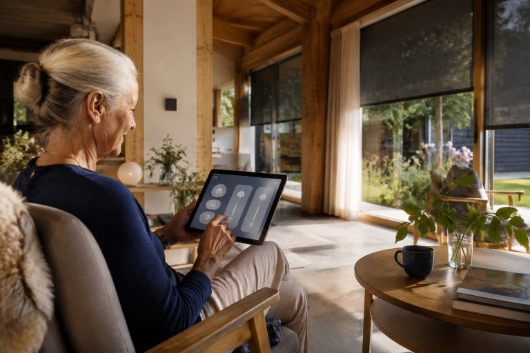 Bewoner bedient de woning met een tablet
